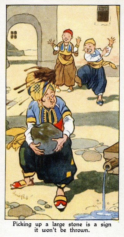 「大きな石を拾うことはそれが投げられないという兆候です」、1931 作： René Bull